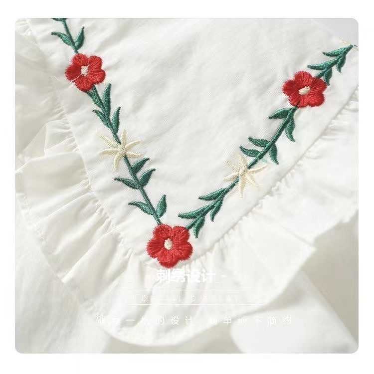 Áo sơ mi trắng dài tay rộng cổ thêu hoa cho bé gái  N01131