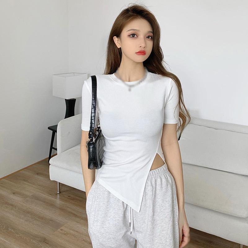 Áo Thun Tay Ngắn Cổ Tròn Màu Sắc Đơn Giản Phong Cách Hàn Quốc Cho Nữ