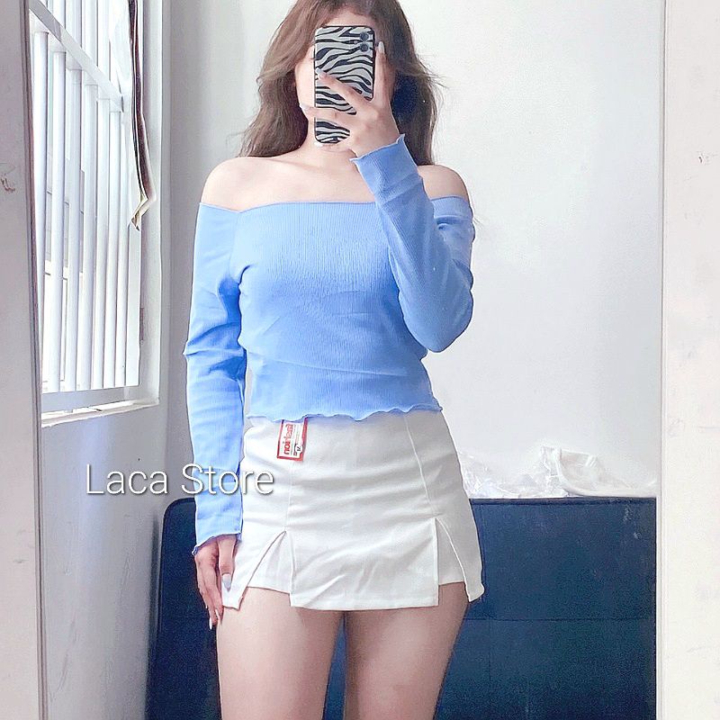 Áo Croptop Gân Cotton Dệt Kim Trễ Vai Dài Tay Ulzzang G2-1,  áo crt croptop bẹt vai cổ thuyền viền bèo quyến rũ