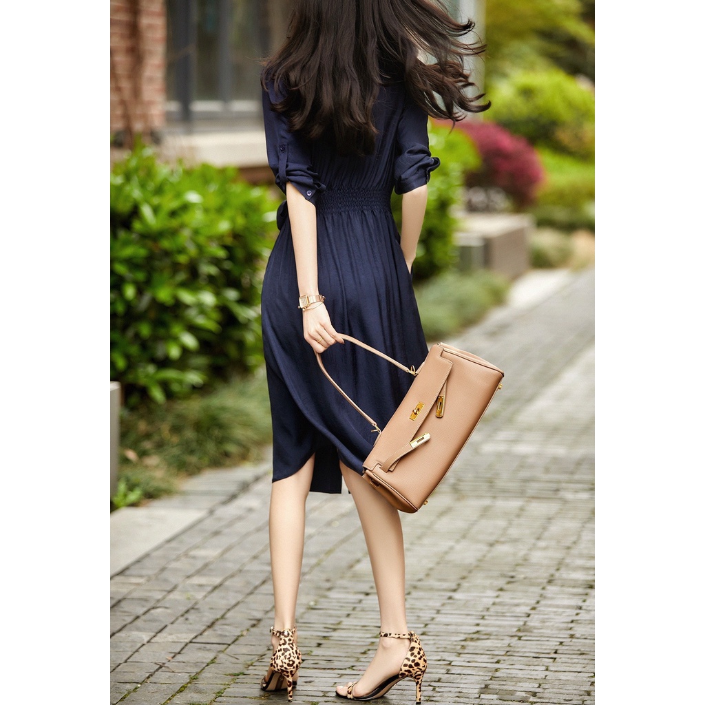 Đầm công sở màu xanh than thắt nơ eo thanh lịch - Talia Dress - Helen Boutique