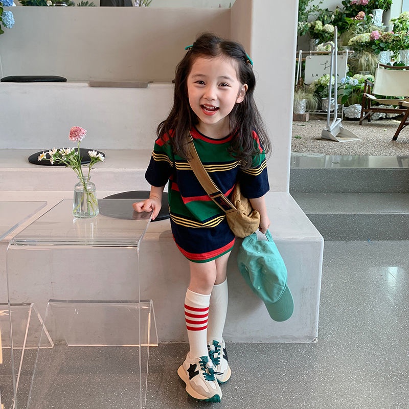 Áo Thun Cotton Dáng Dài Họa Tiết Kẻ Sọc Màu Sắc Tương Phản Phong Cách Hàn Quốc Thời Trang Mùa Hè Cho Nữ