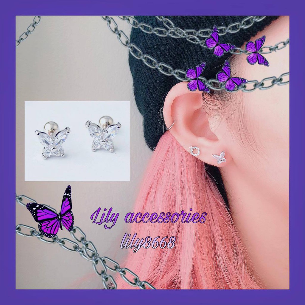 Butterfly Earring khuyên tai titan hình con bướm đính đá không gỉ không đen không dị ứng