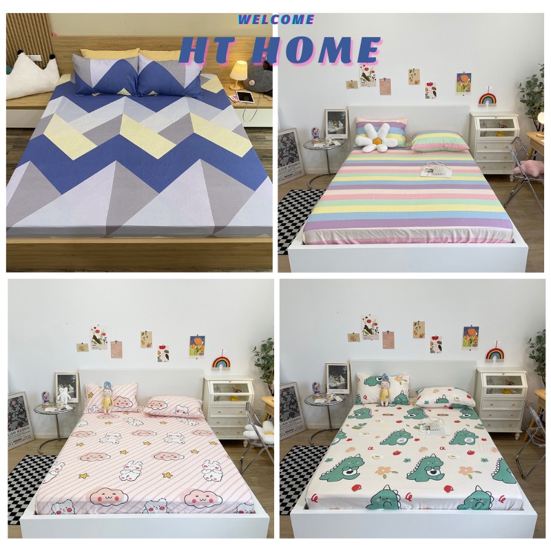 Bộ ga gối 1m6/1m8/2m drap giường cotton poly 5D, ga trải giường + 2 vỏ gối nằm đơn giản HT Home | BigBuy360 - bigbuy360.vn