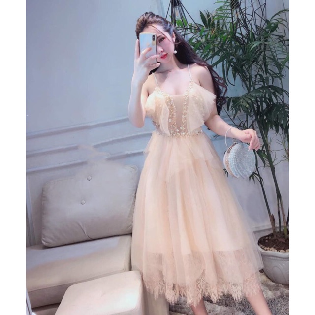 Đầm dự tiệc ren mi 2 dây kết cườm kim sa tròn sang trọng TRIPBLE T DRESS - Size M/L - MS130V