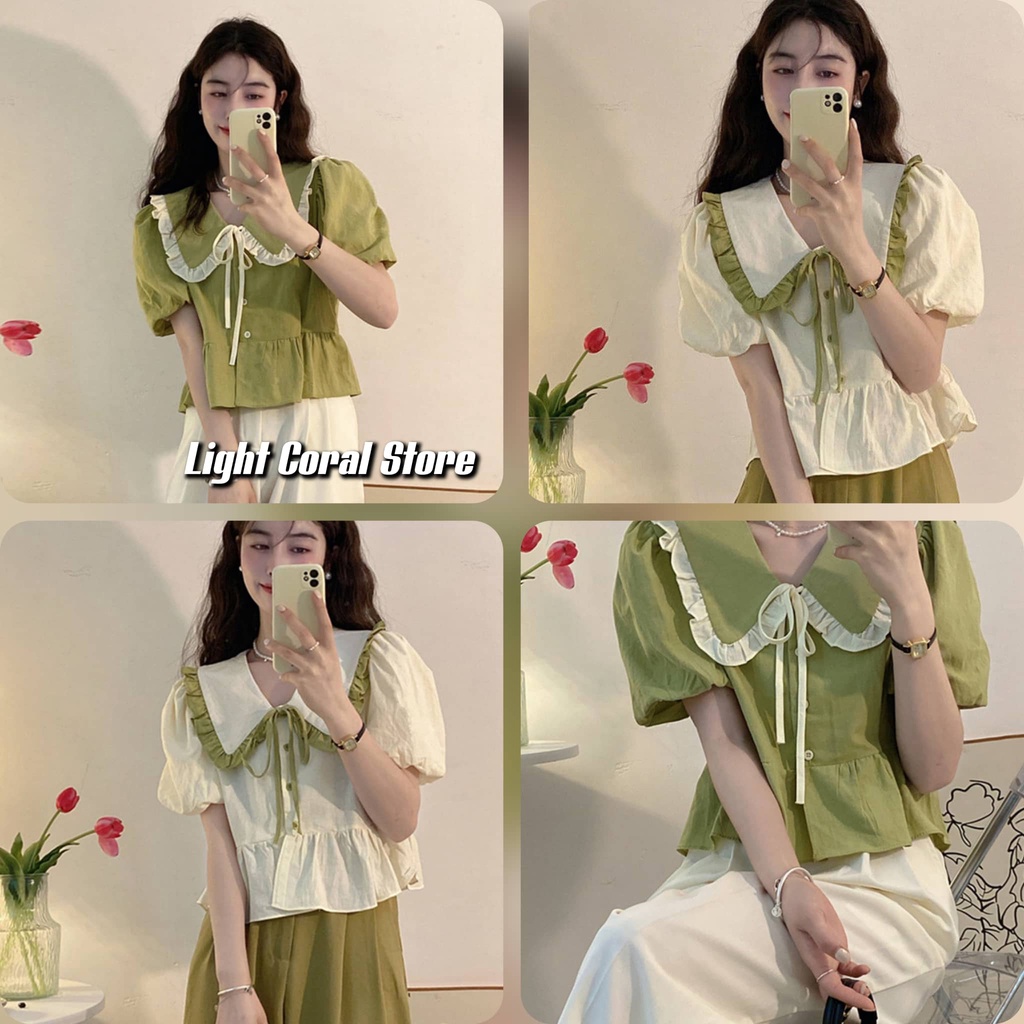 (Order) Áo sơ mi kiểu babydoll dáng xoè form ngắn cổ bèo viền màu thắt nơ tone xanh bơ và trắng be sữa hot trend