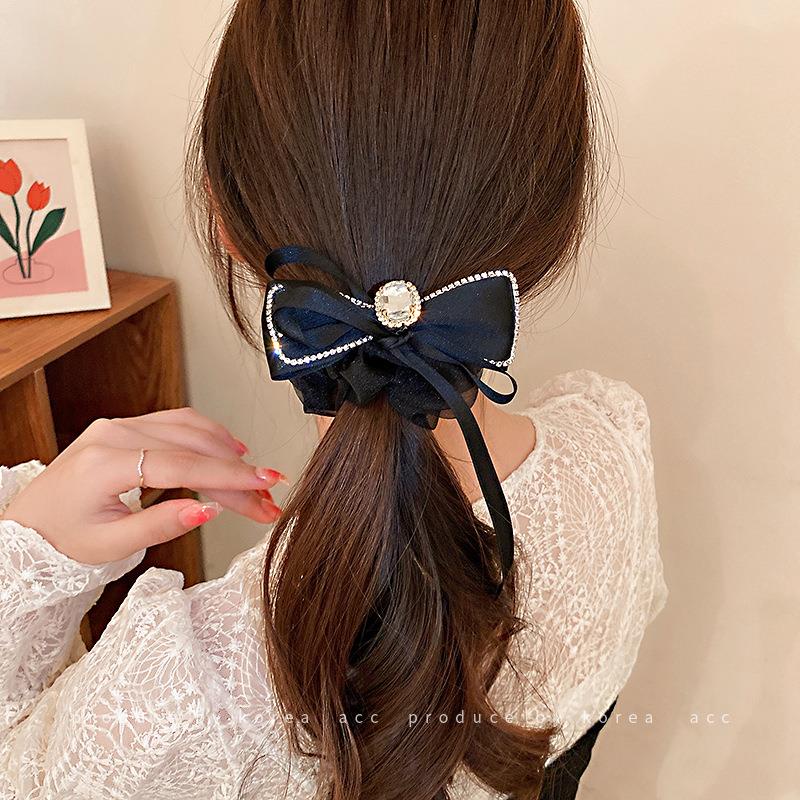 Dây Buộc Tóc Cao Su Co Giãn Phối Họa Tiết Nơ Kim Cương Cổ Điển Thời Trang Hàn Quốc Cho Nữ