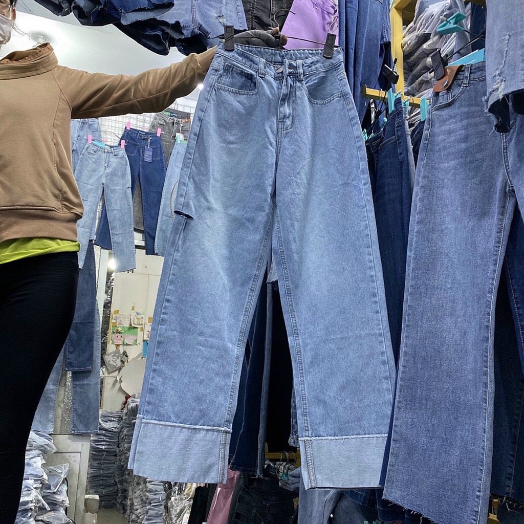 QUẦN JEANS ỐNG RỘNG NỮ LƯNG CAO GẬP GẤU MÀU XANH ĐẬM RÁCH BE PHẢI CAO MÀU XANH NHẠT XANH ĐẬM CHẤT VẢI DÀY DẶN NITIQC