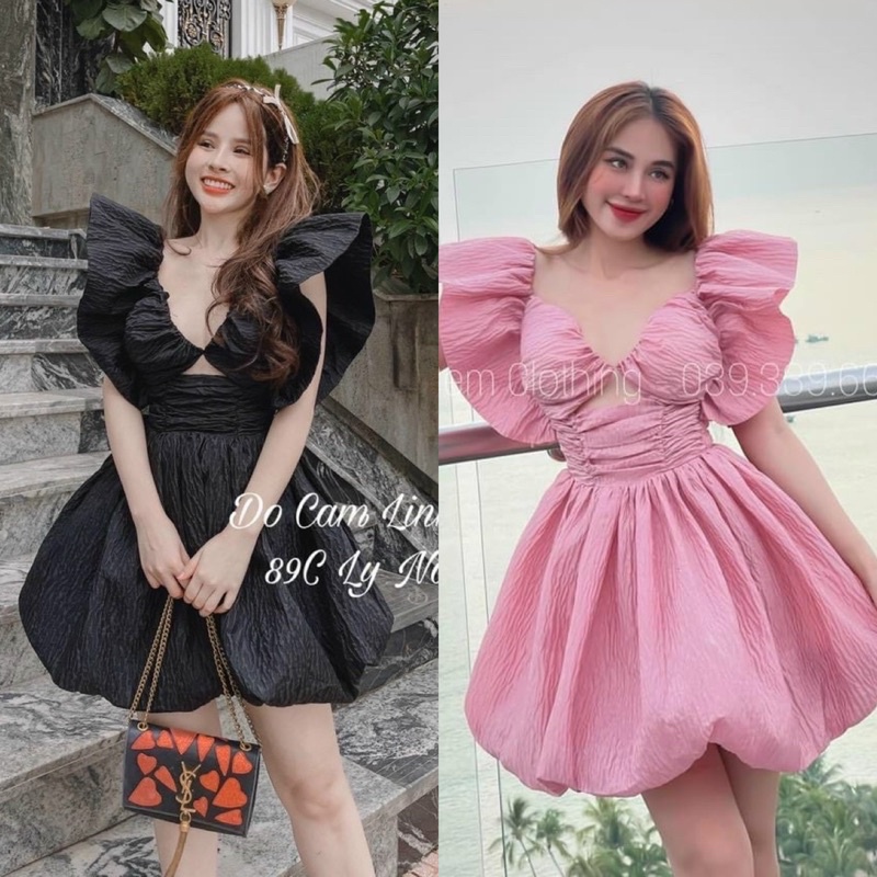 Đầm xốp tay cánh tiên khoét ngực cao cấp hồng/đen, váy ngắn xoè tiểu thư sang trọng quý phái, thời trang đi chơi dự tiệc
