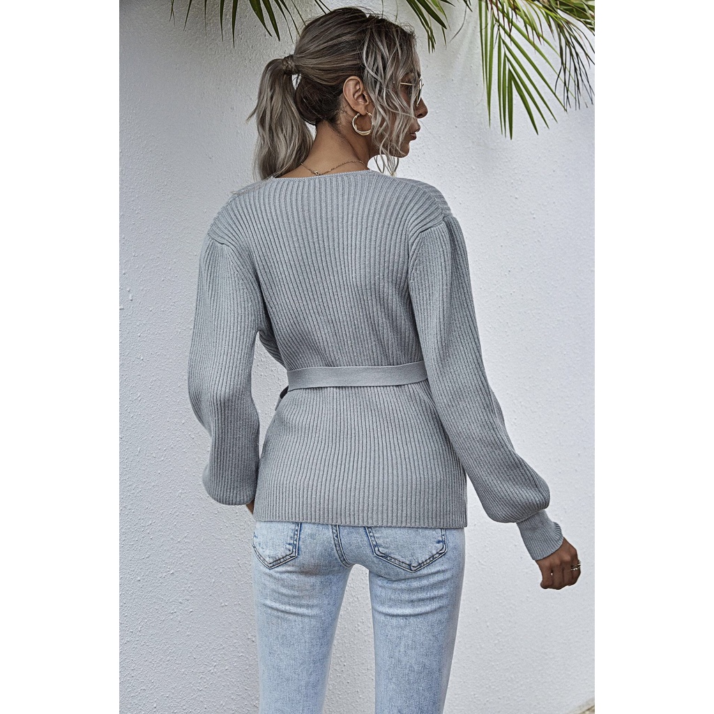 Áo Sweater Dệt Kim Tay Dài Cổ Chữ V Thắt Nơ Eo Thời Trang Cho Nữ