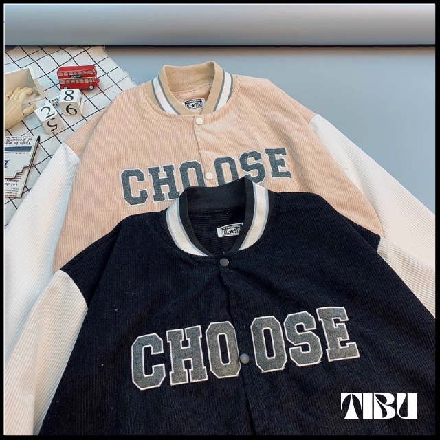 Áo Khoác Bomber Nhung Tăm Gân 2 Lớp Thêu Chữ CHOOSE ❤ Áo BomBer Bóng Chày Nam Nữ Phong Cách Hàn Quốc