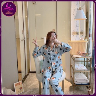 Bộ Đồ Ngủ Nữ Dài Tay Thu Đông Pijama Cotton Chấm Bi Xanh Hoa-Đồ Bộ Mặc Nhà Mềm Mại, Không Bai, Không Xù