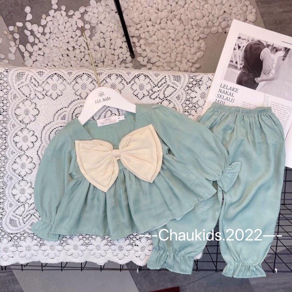 Bộ thu đông nơ ngực bé gái, set bộ đũi dài tay dáng babydoll nơ ngực siêu cưng cho bé