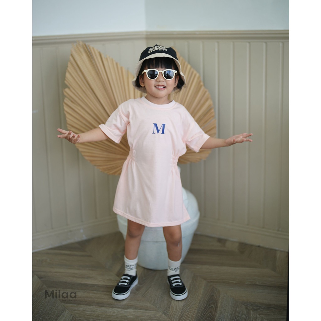 Đầm Thun Cotton Siết Eo Hoạ Tiết Chữ M 2 Màu Cho Bé Gái MiLaa