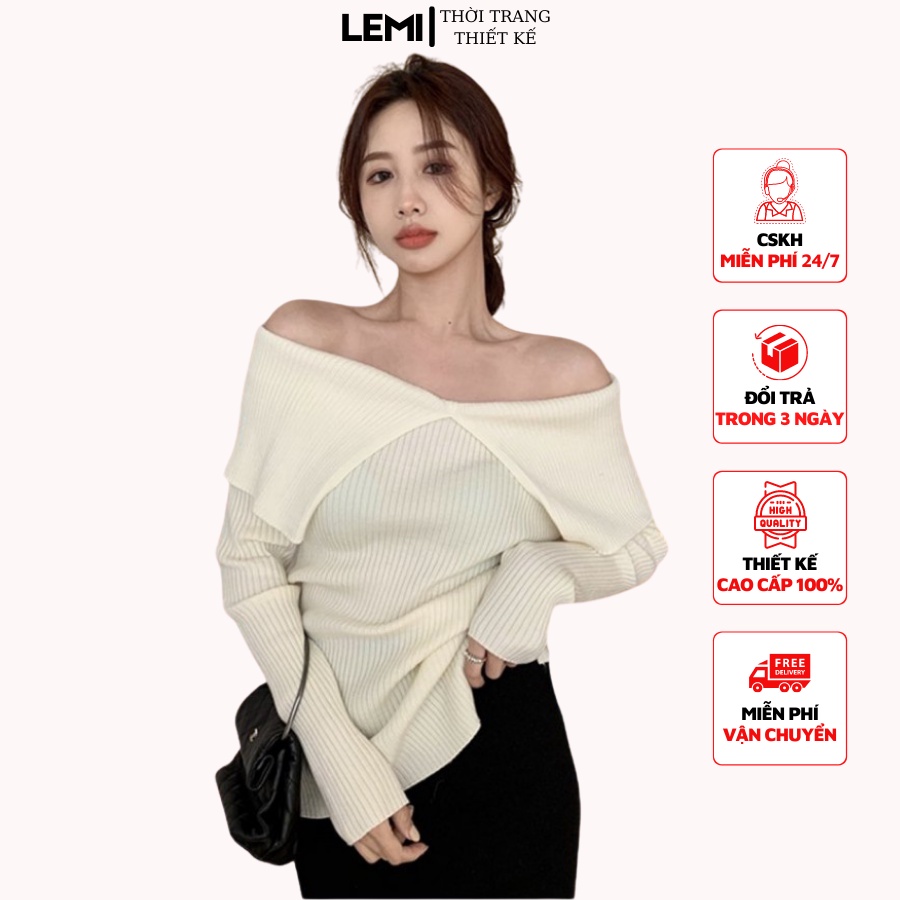 Áo len chất liệu Len tăm dày cao cấp, Áo len trễ vai thiết kế tay dài 2 mảnh gập lạ mắt, Áo len nữ may kỹ size SML