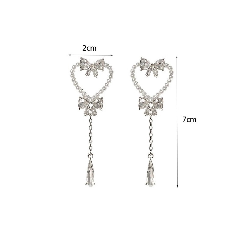 Khuyên Tai Tua Rua Hình Trái Tim/Nơ Đính Đá Zircon Ngọc Trai Tinh Tế Thời Trang Hàn Quốc