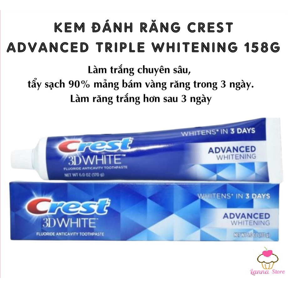 Kem đánh răng Crest 3D White Advanced Whitening 147gr và Vivid Mint 150gr Mỹ - Trắng răng / Chống ê buốt, sạch mảng bám