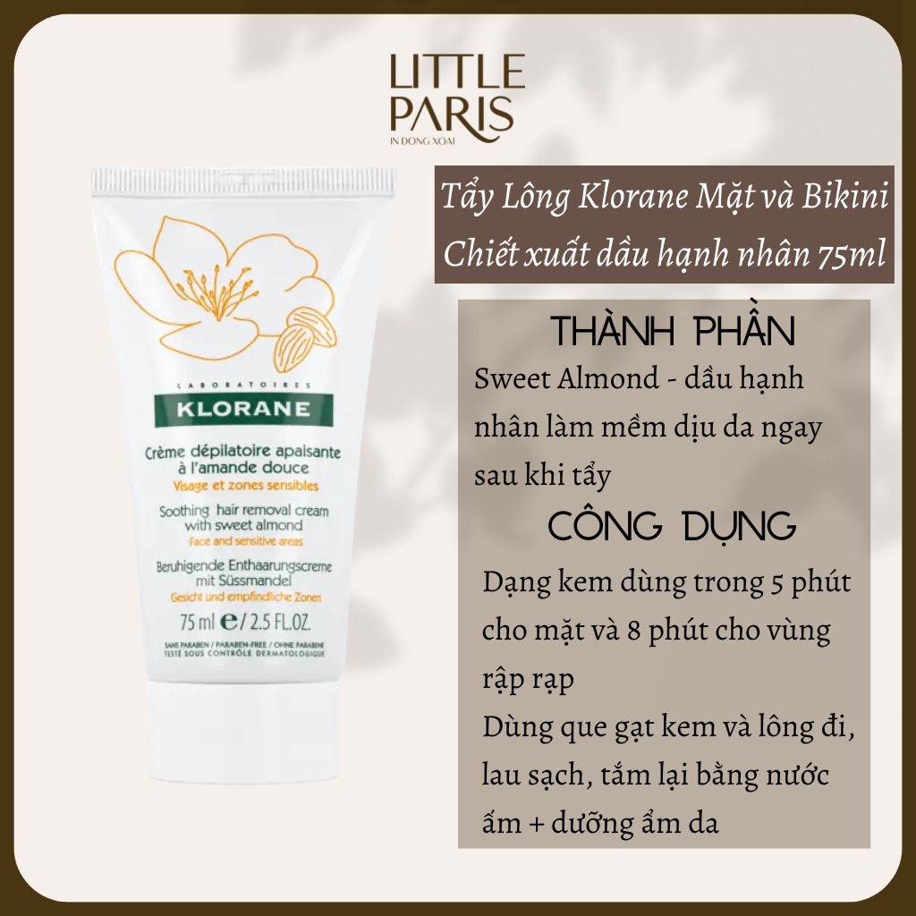Kem Tẩy Lông Bikini và Dành Cho Da Nhạy Cảm Klorane Creme Depilatoire Apaisante A L'Amande Douce 75ml