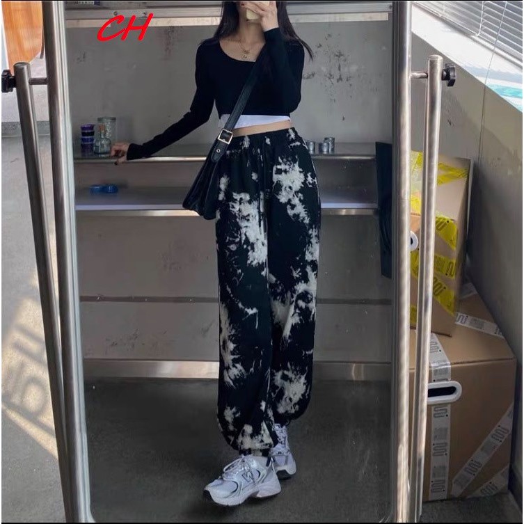 Quần jogger loang ĐEN vẩy sơn, cạp cao co dãn dáng rộng phong cách ulzzang