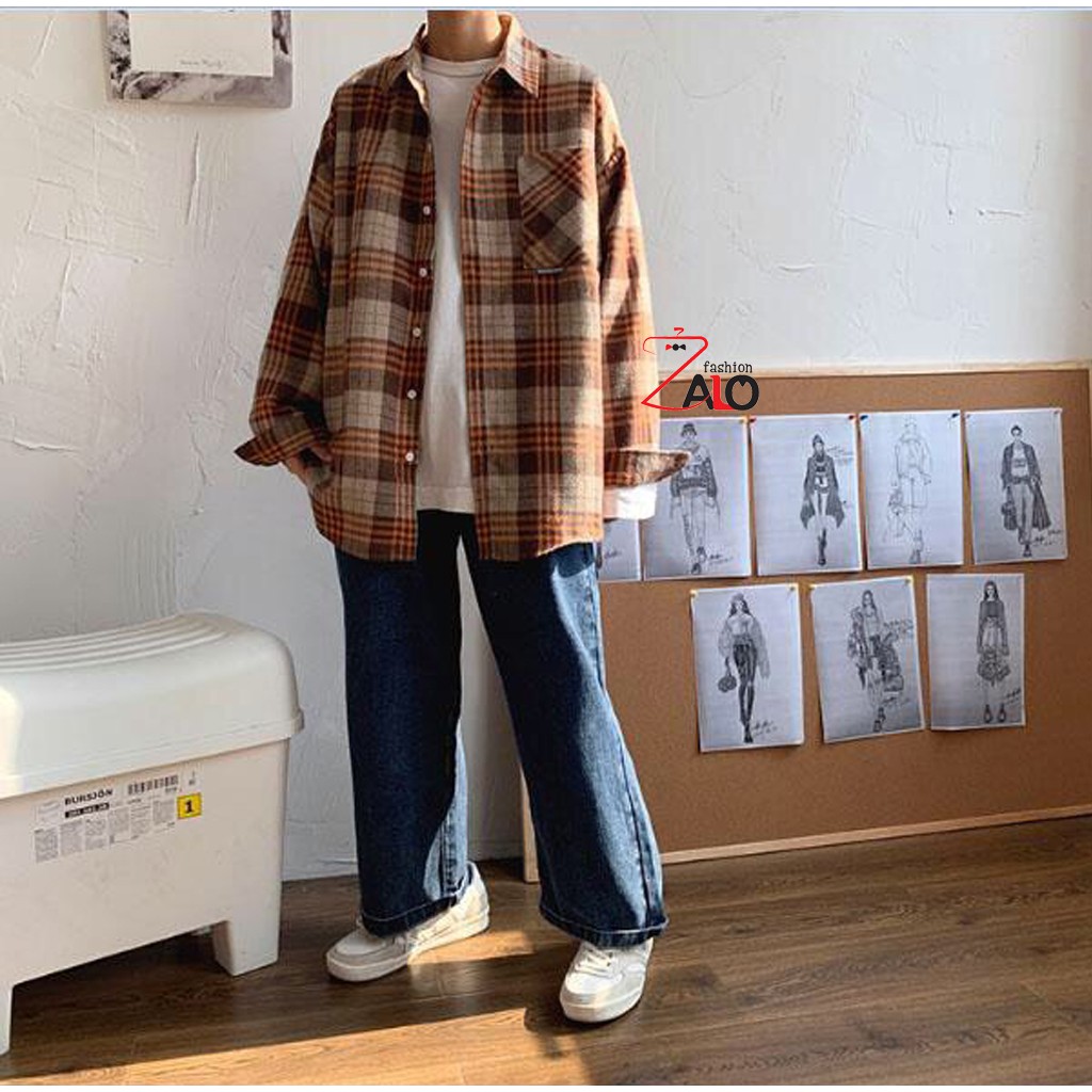 Áo Khoác Sơ Mi Flannel Caro Nâu Sữa SM06 Cá Tính Unisex | BigBuy360 - bigbuy360.vn