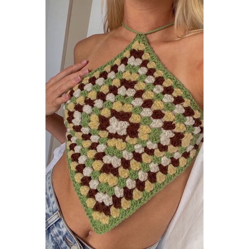 ÁO YẾM KHĂN LEN MÓC PHỐI MÀU CỘT DÂY LƯNG- ÁO YẾM VUÔNG GRANNY PHỐI MÀU XINH XẮN