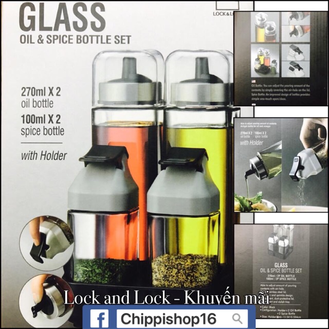 🍓🍓 BỘ 4 HŨ ĐỰNG GIA VỊ THỦY TINH KÈM KHAY LOCK&LOCK - LLG702 (255)