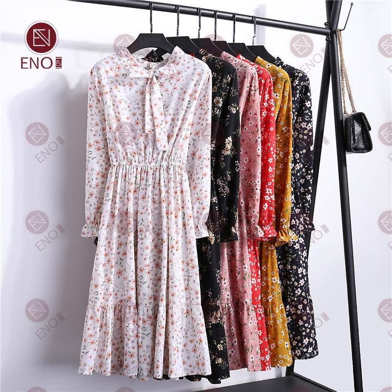 Đầm Voan Hoa Tay Dài Cổ Thắt Nơ Thời Trang Vintage Cho Nữ | BigBuy360 - bigbuy360.vn