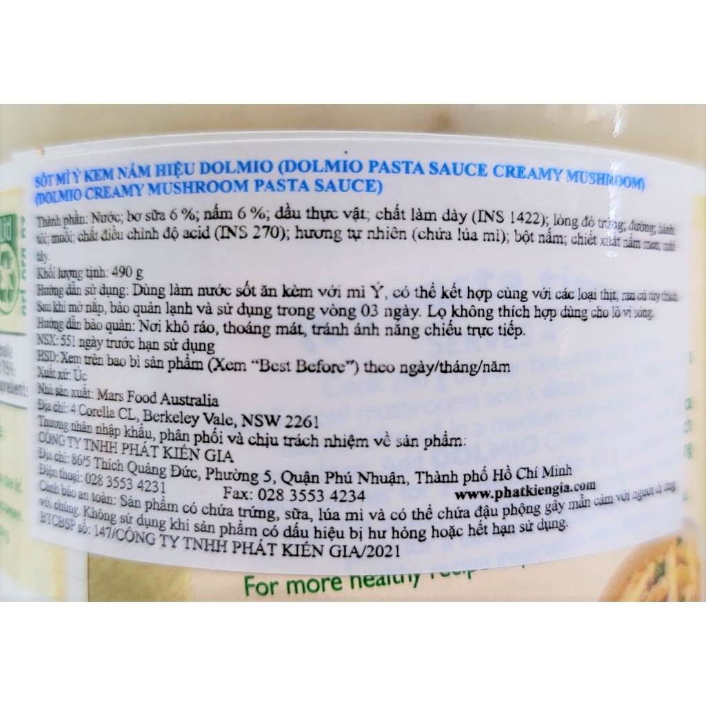 [Lọ 490g – MUSHROOM] XỐT MÌ Ý KEM NẤM [Australia] DOLMIO Creamy Pasta Sauce