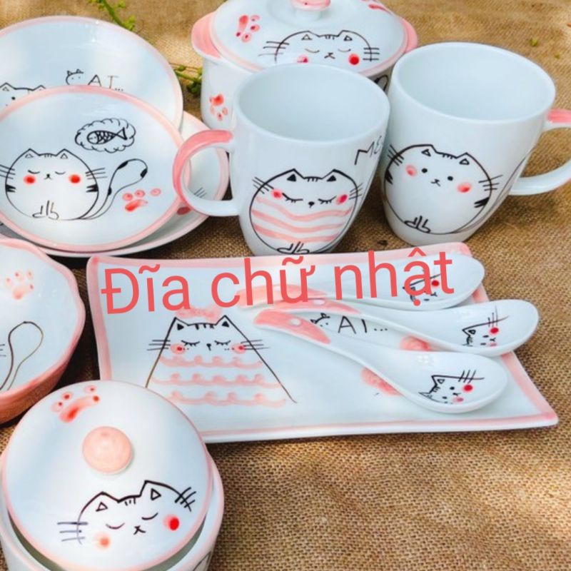 Bộ bát đĩa vẽ hình chú mèo siêu cute bán lẻ.Hàng sứ Bát Tràng.
