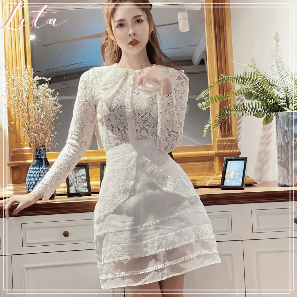 Đầm thiết kế nữ Lita -  Váy công sở hoa ren cổ bẻ đính cúc ngọc cao cấp SKU: SET02 | BigBuy360 - bigbuy360.vn