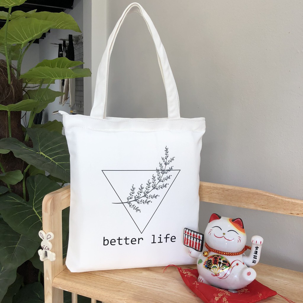 Túi tote vải canvas có khoá miệng in butter life cành hoa lá đơn giản dễ phối đồ