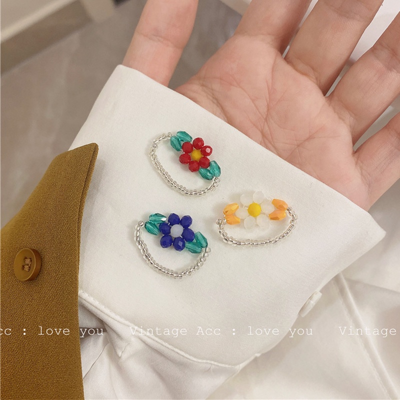 Nhẫn dạng chuỗi hạt phối mặt hình bông hoa bằng đá nhiều màu sắc phong cách vintage