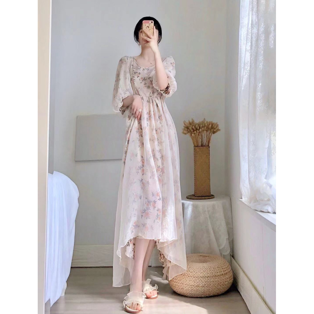 Đầm Voan Hoa Cổ Vuông Lưng Cao Dáng Dài Size S~3XL Thời Trang Retro Cho Nữ