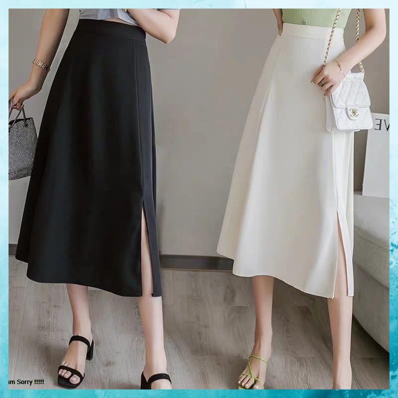 [FreeShip] Chân Váy Chữ A Dài, Đầm Nữ Trắng Đen Dài Xẻ Cạnh Công Sở