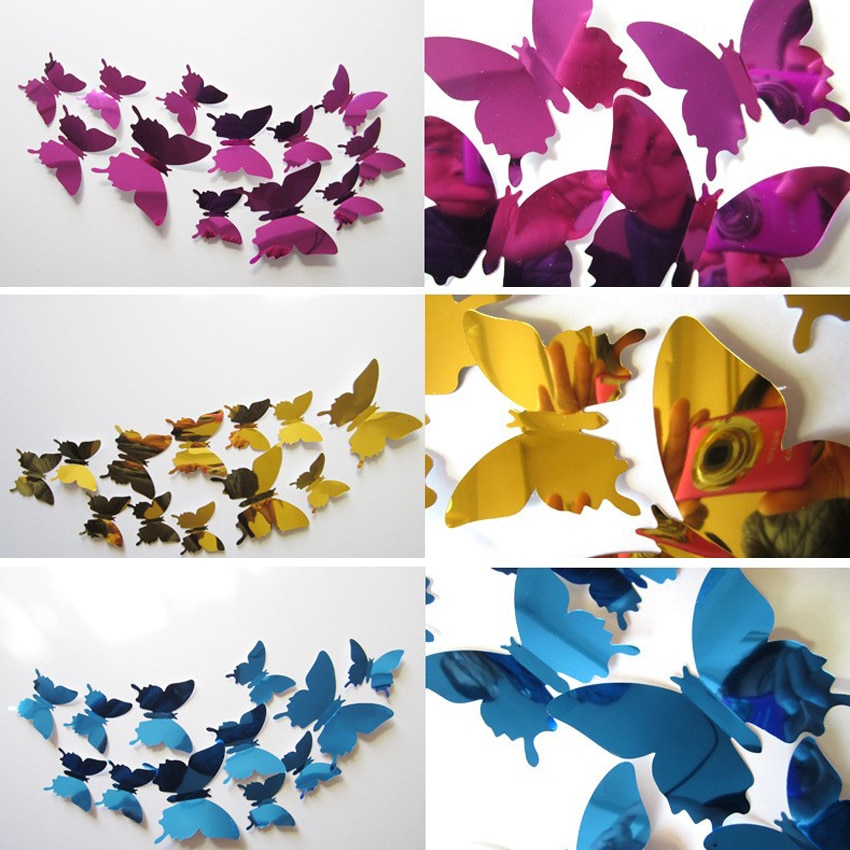 Bộ 12 miếng dán tường hình bướm 3d tráng gương