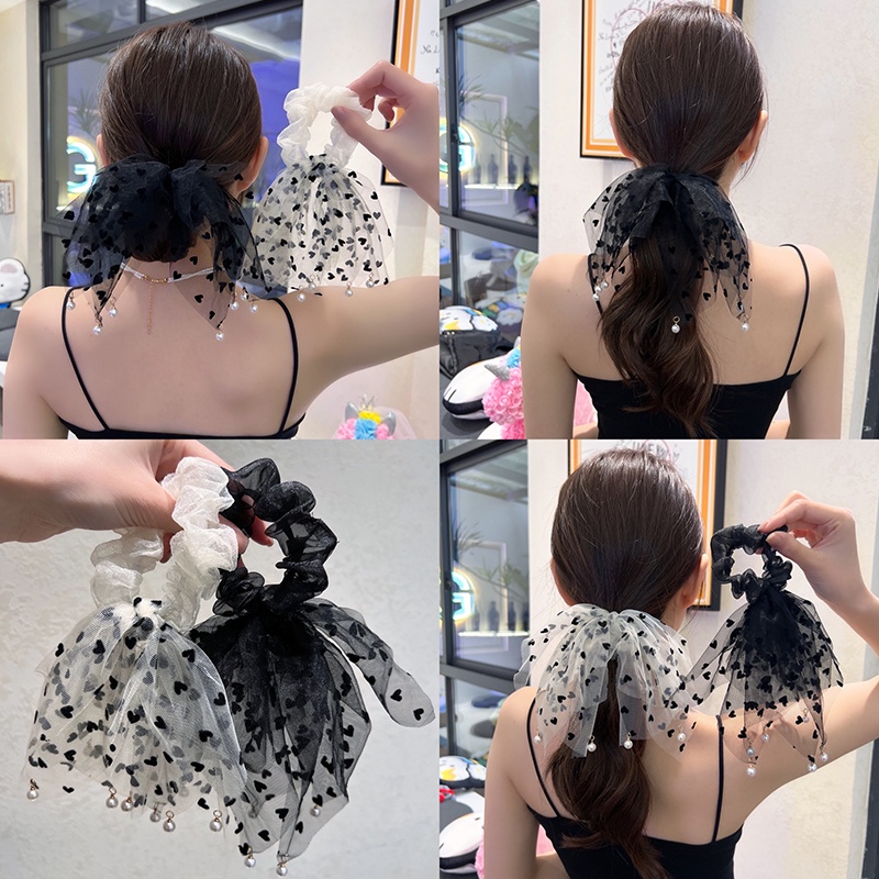 Dây Cột Tóc Vải Lưới Họa Tiết Chấm Bi Phối Tua Rua Và Ngọc Trai Xinh Xắn