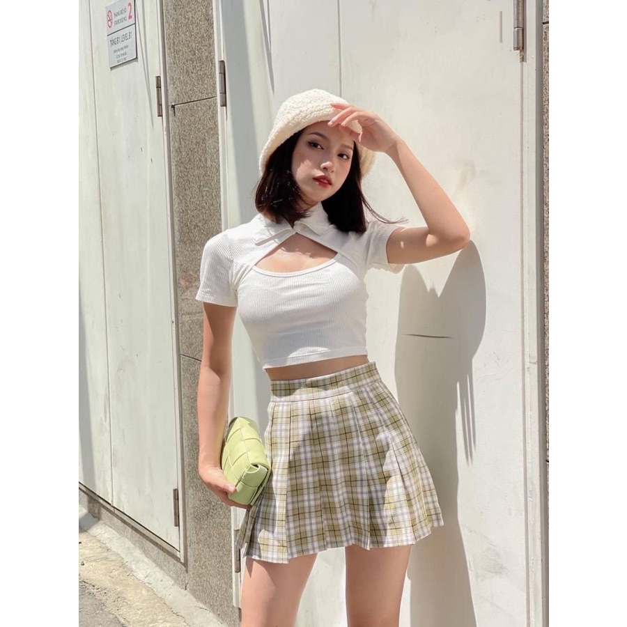 Áo Croptop Thun Gân Khoét Ngực Có Cổ - Áo nữ Thiết Kế Hàn Quốc co dãn trẻ trung năng động