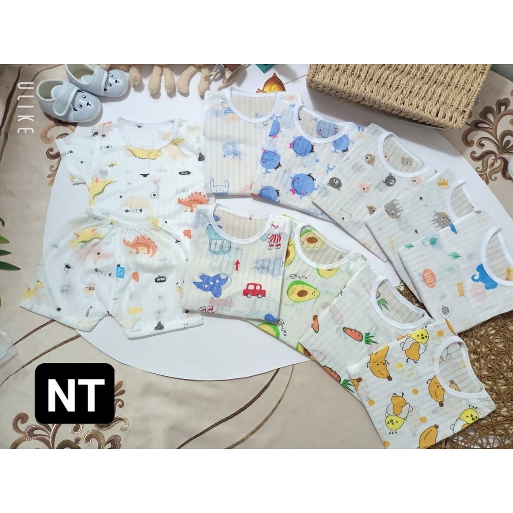 Bộ Cotton Giấy Cộc Tay Cài Vai Cho Bé Họa Tiết Dễ Thương Từ 5 – 15kg