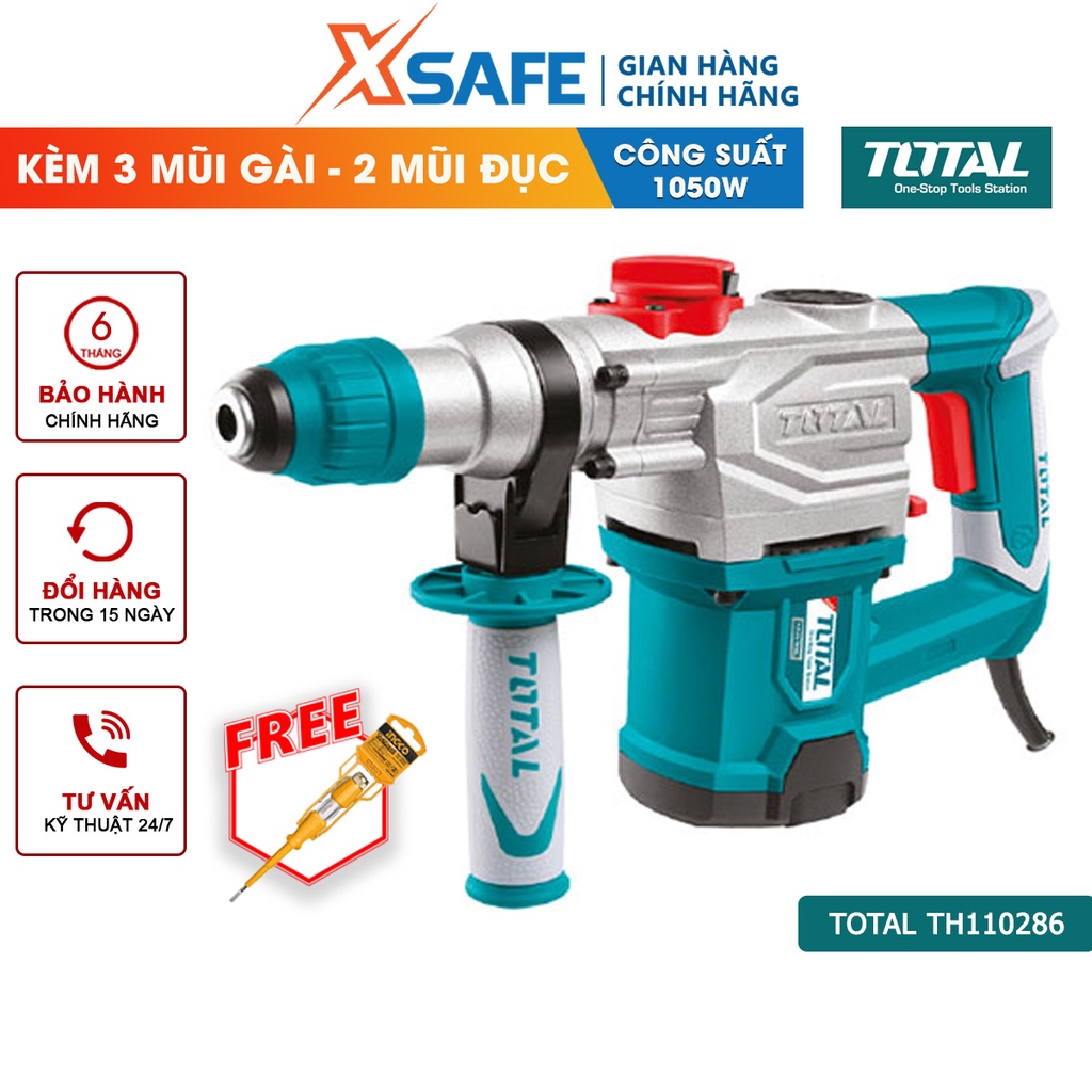 Máy khoan búa cầm tay TOTAL TH110286 1050W tốc độ 9000rpm, tốc độ đập 4000bpm, khả năng khoan bê tông 28mm, đục 14mm