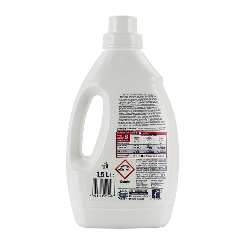 Nước giặt Denkmit Ultra Sensitive 1.5L cho da nhạy cảm, nước giặt mùa đông làm mềm vải da, len