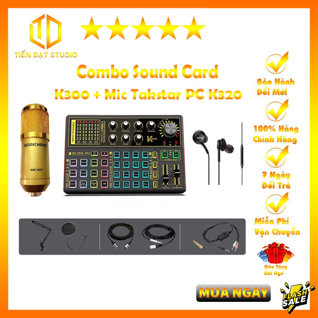 Bộ Combo Sound Card K300 Autotune Bluetooth - Mic thu âm Livestream Bm900 Chân kẹp Tai Nghe Gía Rẻ
