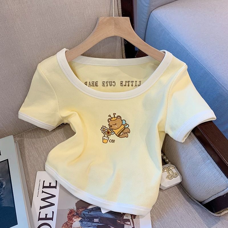 Áo Thun Tay Ngắn Cổ Tròn Thêu Họa Tiết Gấu Thời Trang Xuân Hè Phong Cách Hàn Quốc Mới Cho Nữ