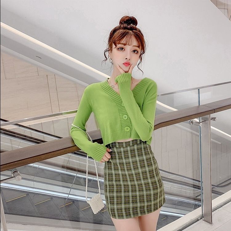 Phong cách Hàn Quốc áo len cardigan đan ngoài rộng rãi bên khoác mỏng siêu ngắn nữ lưng cao cắt cổ chữ V