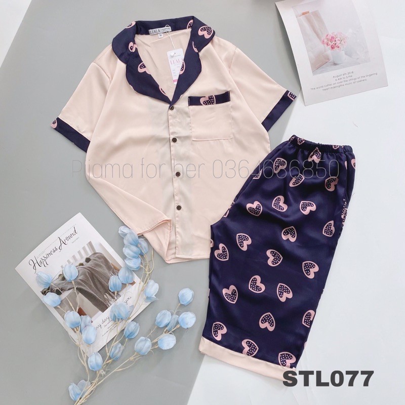 Bộ Pijama ngố Pizama quần lửng hoạ tiết hình tim cực xinh | BigBuy360 - bigbuy360.vn