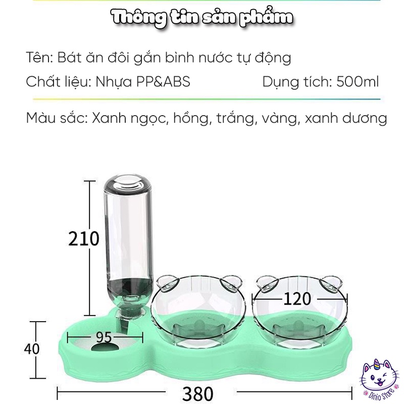 Bát ăn cho mèo Diniopet bát ăn cho chó mèo đôi gắn bình nước tự động, Bát ăn đôi cho chó mèo, Bát kèm bình nước