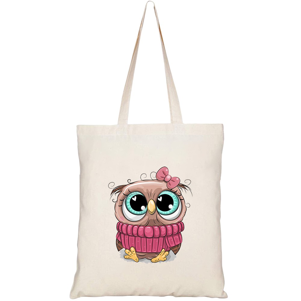 Túi vải tote canvas HTFashion in hình cute cartoon owl pink sweater HT337