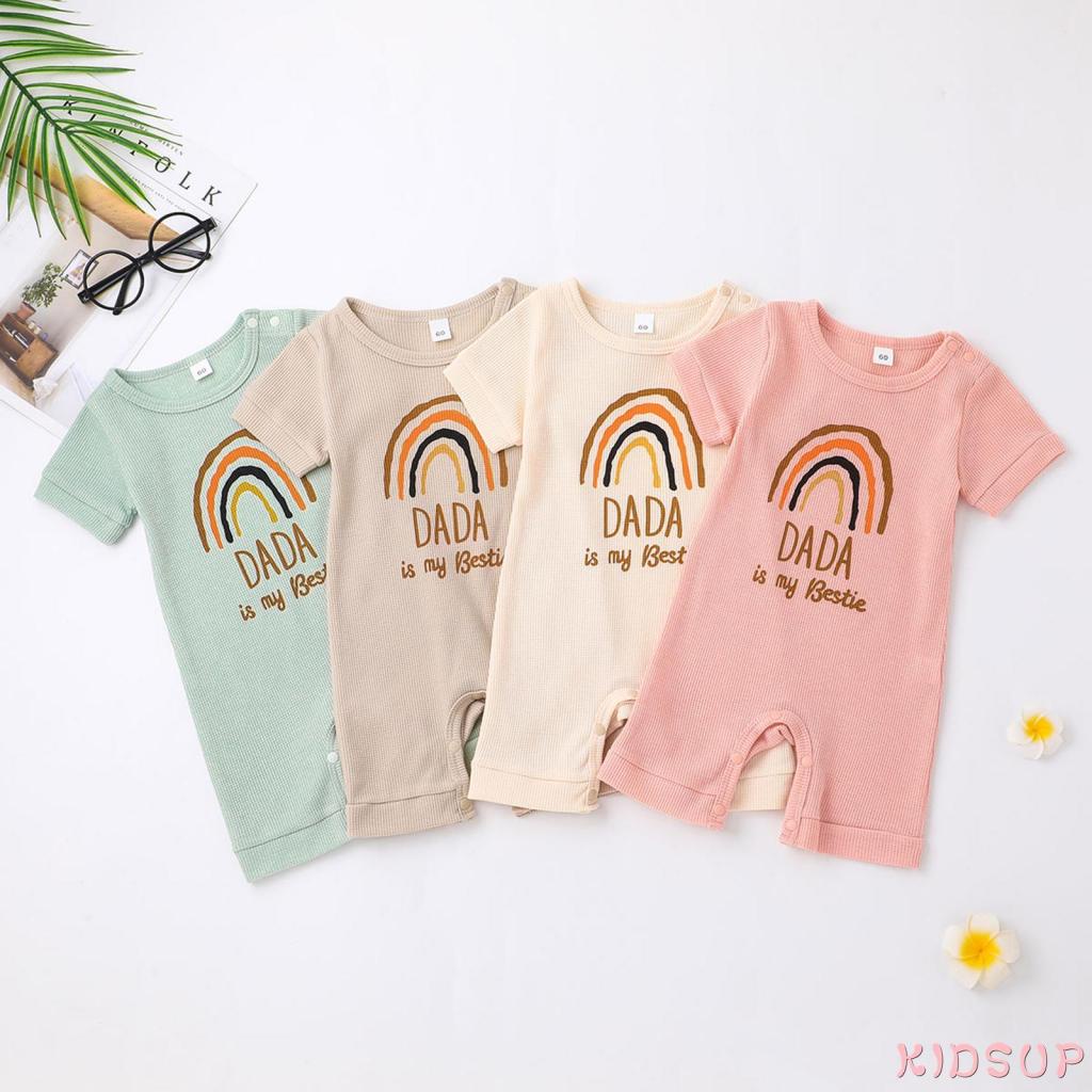 Bộ Áo Liền Quần Cổ Tròn Tay Ngắn Thoáng Khí In Họa Tiết Cầu Vồng Xinh Xắn Cho Bé