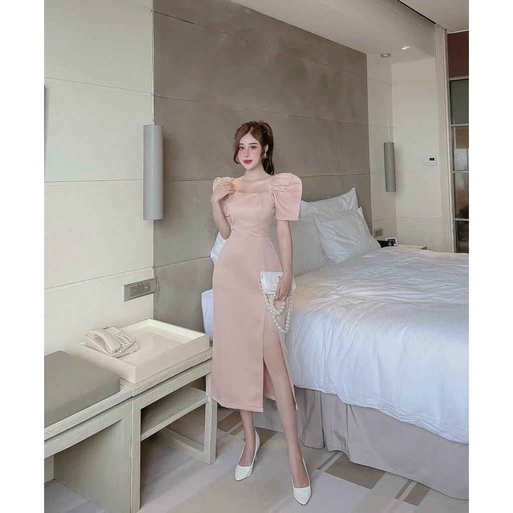 [Còn M trắng] Đầm nữ Đầm maxi ôm body cổ vuông tay ngắn phồng xẻ tà váy nư đẹp hàng cao cấp sang trọng giá tốt