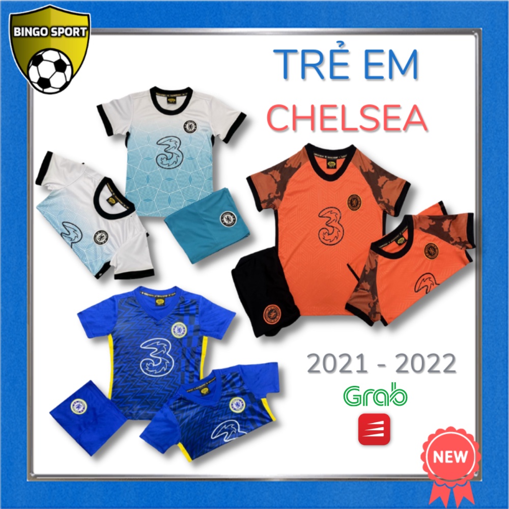 Áo Bóng Đá, Đá Banh, Thể Thao TRẺ EM  Thun Lạnh 4 Chiều Logo Thêu Nổi Cao Cấp CHELSEA Màu Xanh, Cam BINGO SPORT