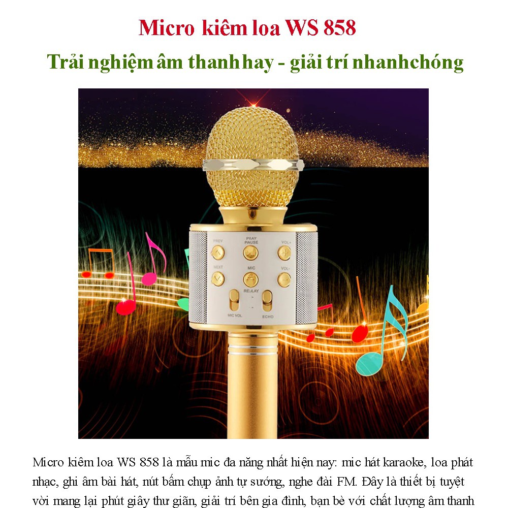 Micro Không Dây BLUETOOTH Tiện Dụng Chất Lượng Cao WS-858 ĐA NĂNG 6 TRONG 1 HÁT KARAOKE