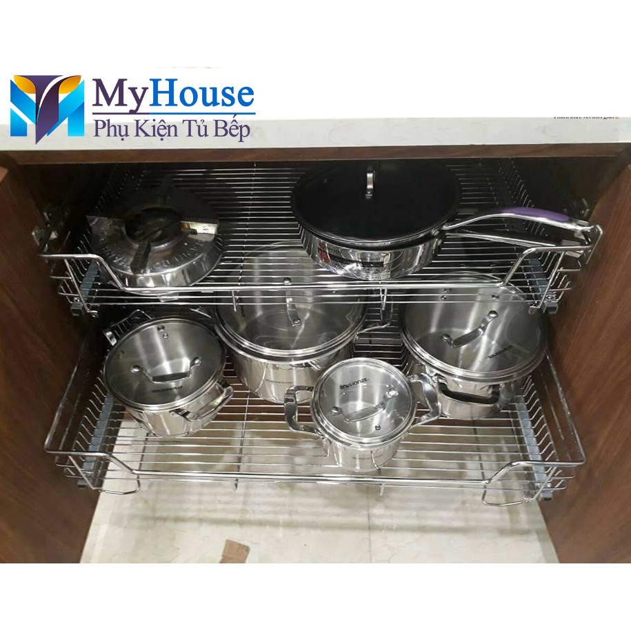 Kệ để xoong nồi EUROGOLD Inox 304 nan dẹt ray giảm chấn, Kệ để đồ tủ bếp dưới, phụ kiện tủ bếp